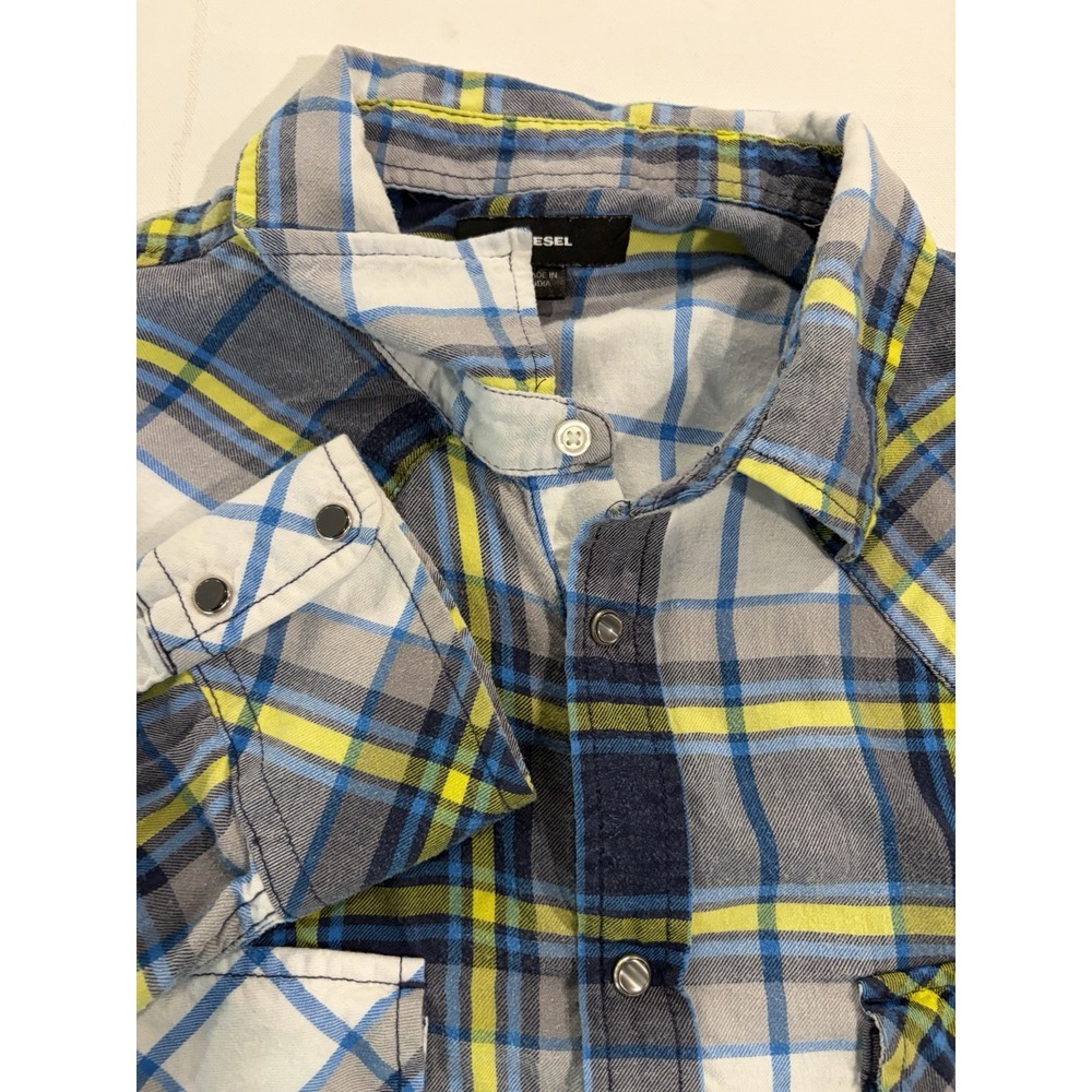Diesel Flannel Shirt Mens 2XL Button Up Pearl Snaps Plaid Retro Long Sleeve Blue
